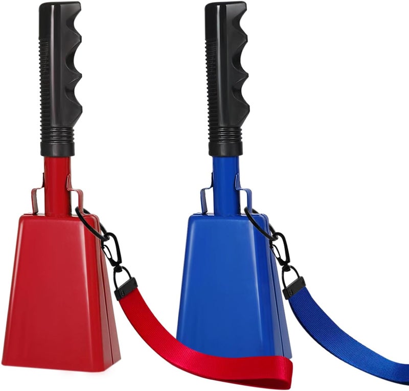 HEYLEAYAR 10Inch Cowbells Set with Handle for Sporting Events, 2Pcs Large Cow Bells with Wrist Straps, Loud Noise Makers for Football Games Spirit Marathon Weddings Party Noisemakers, Red & Blue - Image 1